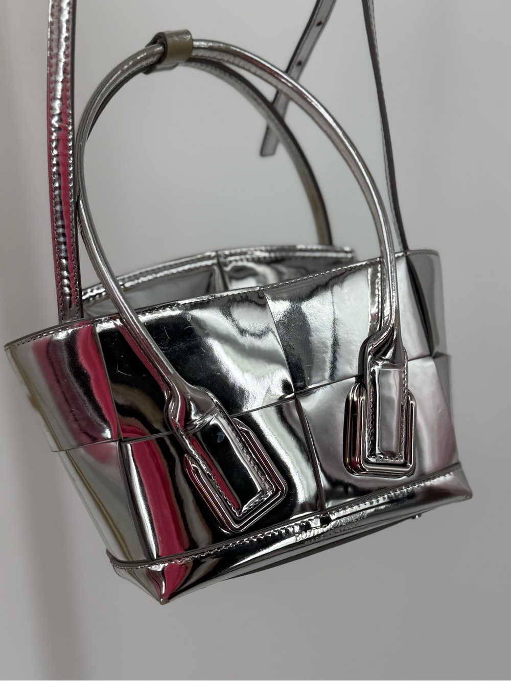 Bottega Veneta Arco Silver Mirror Calfskin Intreccio Shoulder Crossbody Bag